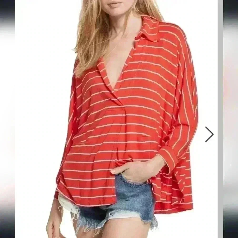 Free People We The Free Can't Fool Me Striped Orange and White Tee Size Small